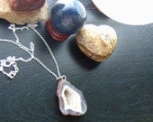 Druzy Agate Geode Slice Necklace -Gray Agate Chunky Geode Quartz on Sterling Silver
