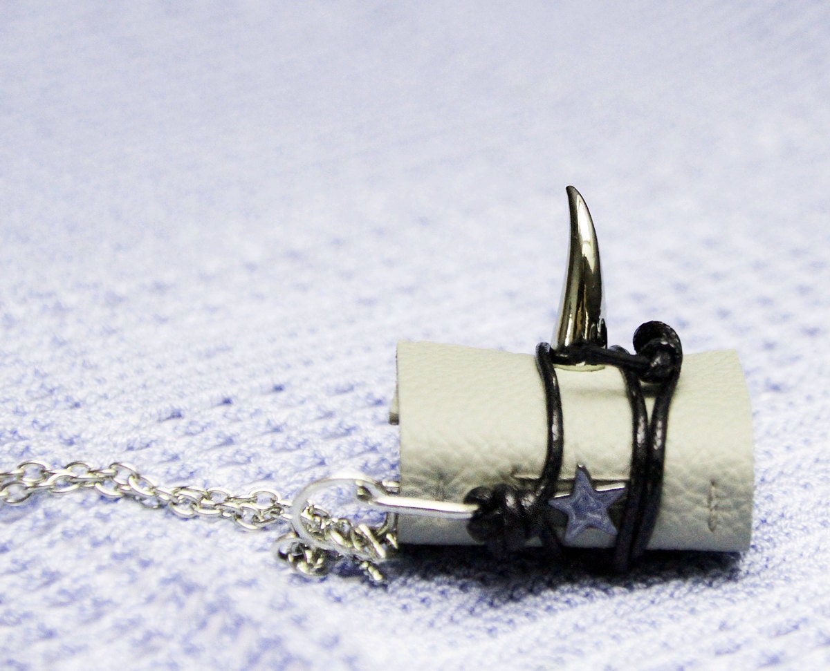 Spiked Gray Book Necklace, cat claw mini leather journal, tiny book pendant jewelry