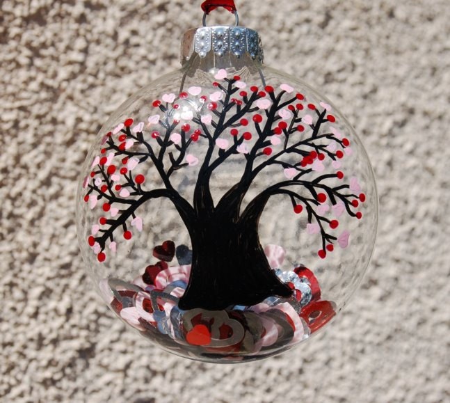 Hand Painted Tree of Love Glass Ornament Heart Leaves and Confetti