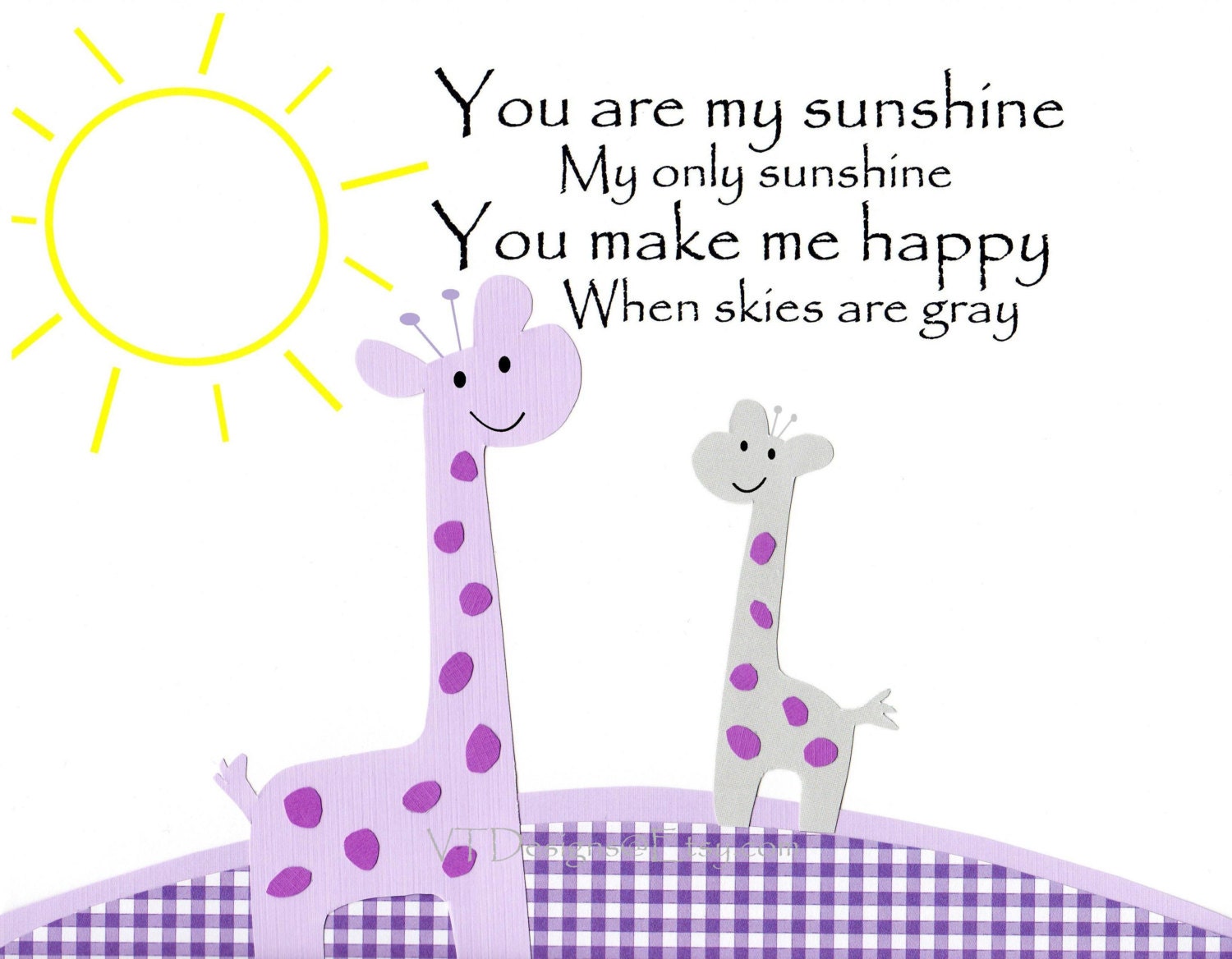 Nursery Art Decor, Kids Wall Art, Girl Nursery Art, Giraffe, Purple, Lavender, Gray, You Are My Sunshine, 8x10 Print