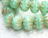 Czech mint green cruller 9/6mm glass rondells with gold picasso finish bead lot of (12) - VC182