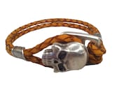 Handmade unisex men's and women's brown braided leather cord large pirate skull bracelet