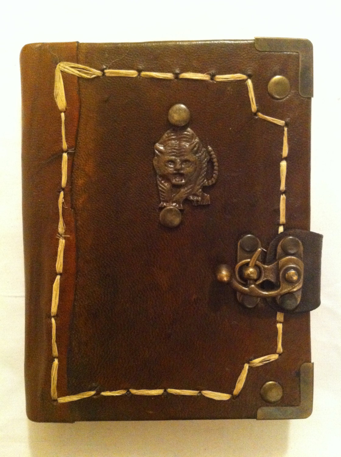 Handmade antique bronze tiger brown leather journal notebook sketchbook