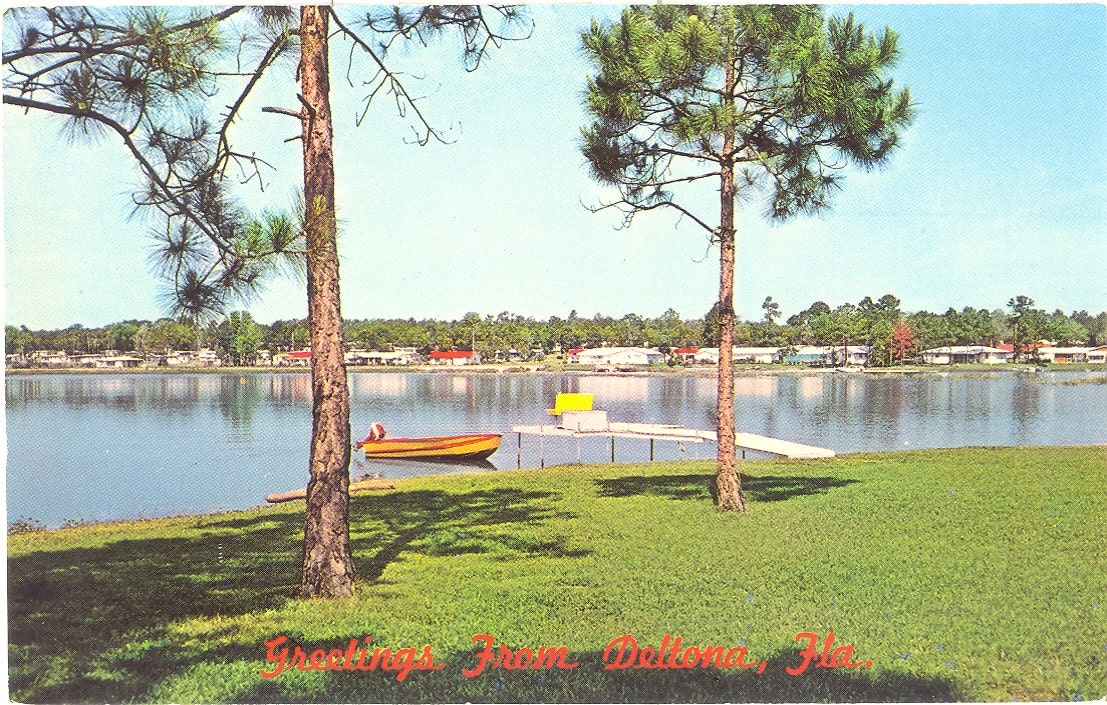 Vintage Florida Postcard - Deltona - Greetings Gleason Lake Boat Pines