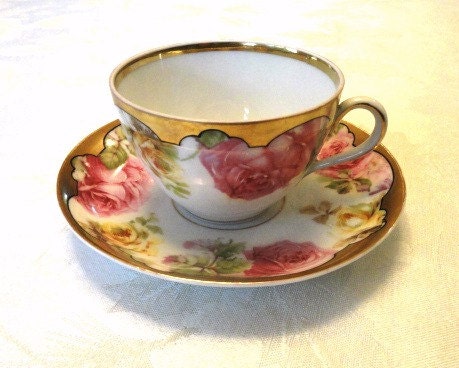 Silesia Teacup and Saucer, Large Pink and Yellow Roses, Vintage Dishes