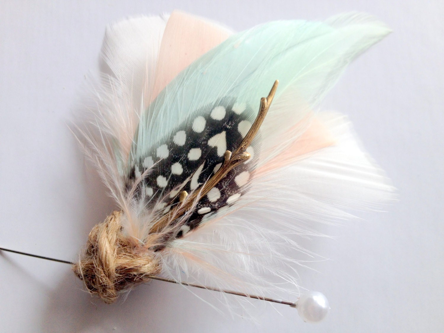 MINT DOT Feather Boutonniere in Ivory, Blush Coral and Mint with Dotted Guinea, Twine and Gold Branch