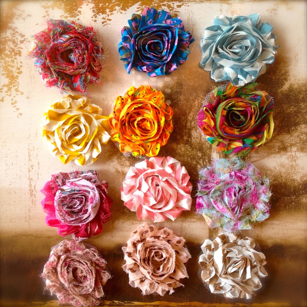 New prints and striped shabby chic blossom hair clip set of 3.  Choose your own colors. Girls, newborns, women. Photo prop.