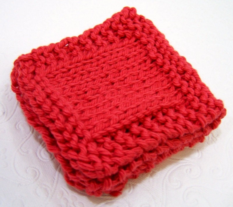Pima Cotton Spa Mini Face Cloths, Hand Knit Face Scrubbies, Colorfast, Coral Red