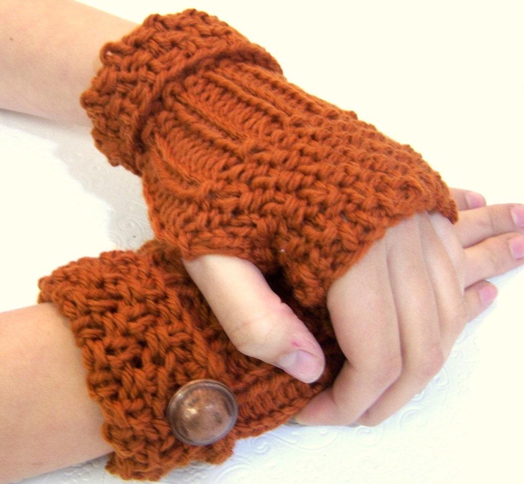 Chunky Knit Wool Fingerless Mittens, Button Cuff Fingerless Mittens, Spiced Pumpkin Orange, Rust
