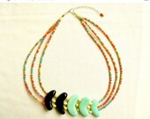SUMMER SALE Statement Necklace Mint Rainbow - Color Block multicolor handmade layered necklace, mint and black center piece