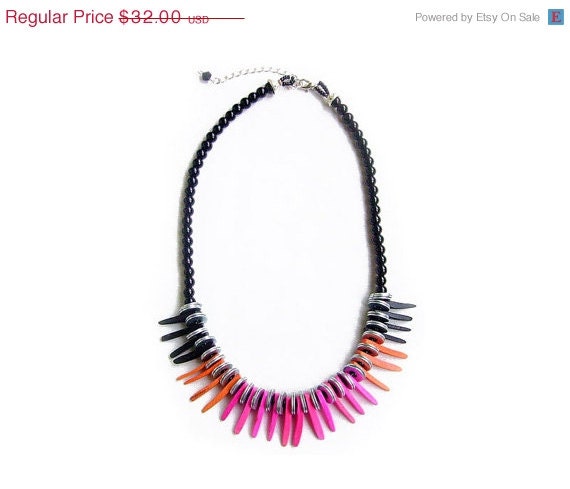 SUMMER SALE Neon Spike Statement Necklace - Tropical Punch  - Tribal Inspired Handmade Necklace in pink, orange, black