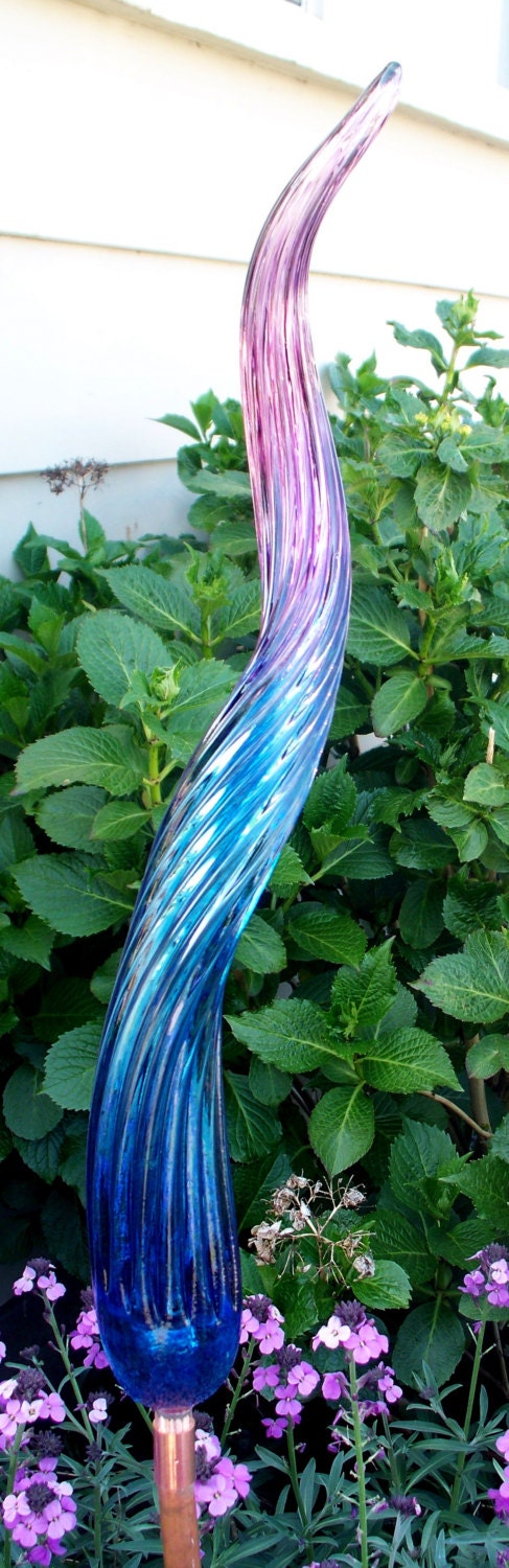 Hand Blown Glass Art Garden Crystal Blue Purple Sculpture Finial Outdoor Decoration Oneil 3634 23"