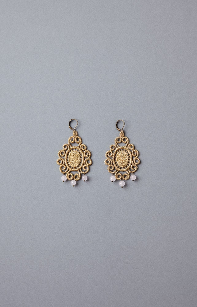 grandeur gold chandelier earrings with pale pink jades