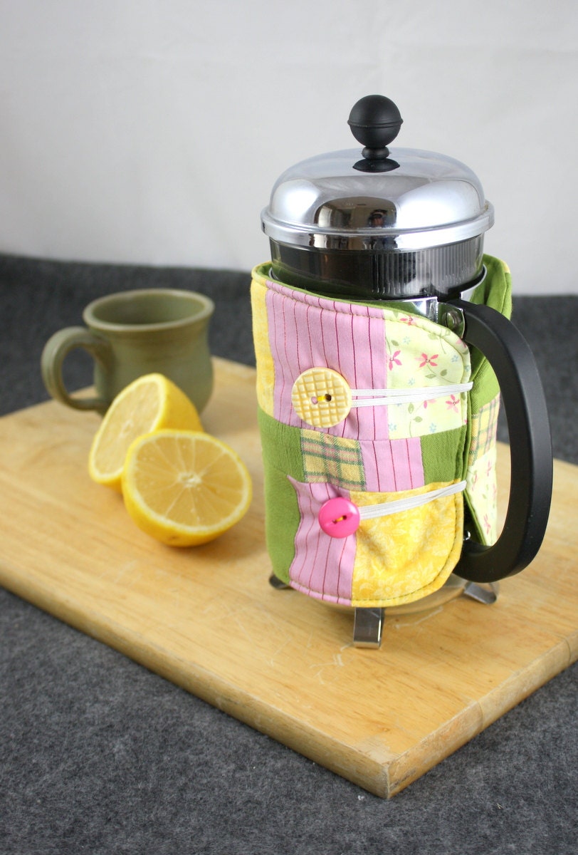 French Press Coffee Cozy in Green, Pink and Yellow by Nstarstudio