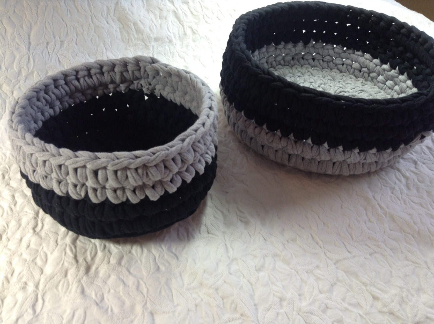 Black and gray cotton crocheted baskets created from recycled t shirts