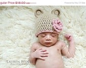 Sale Children clothing - Newborn bear hat with flower - Crochet baby girl bear hat - newborn hat with ears - Photo prop bear hat