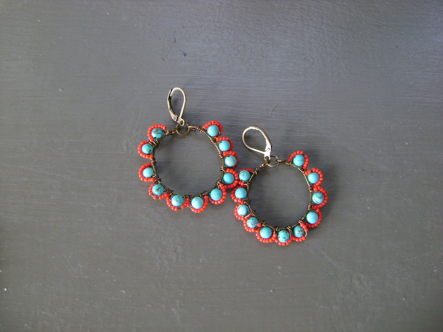 Turquoise and Coral Brass Earrings