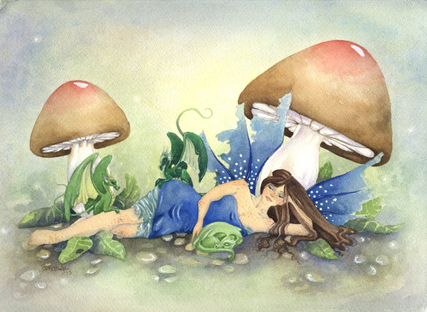 Fairy Art Print - 8.5x11 - Babysitting Dragons - fantasy. watercolor art. fine art print. dragon. cute. green. blue. woodland.