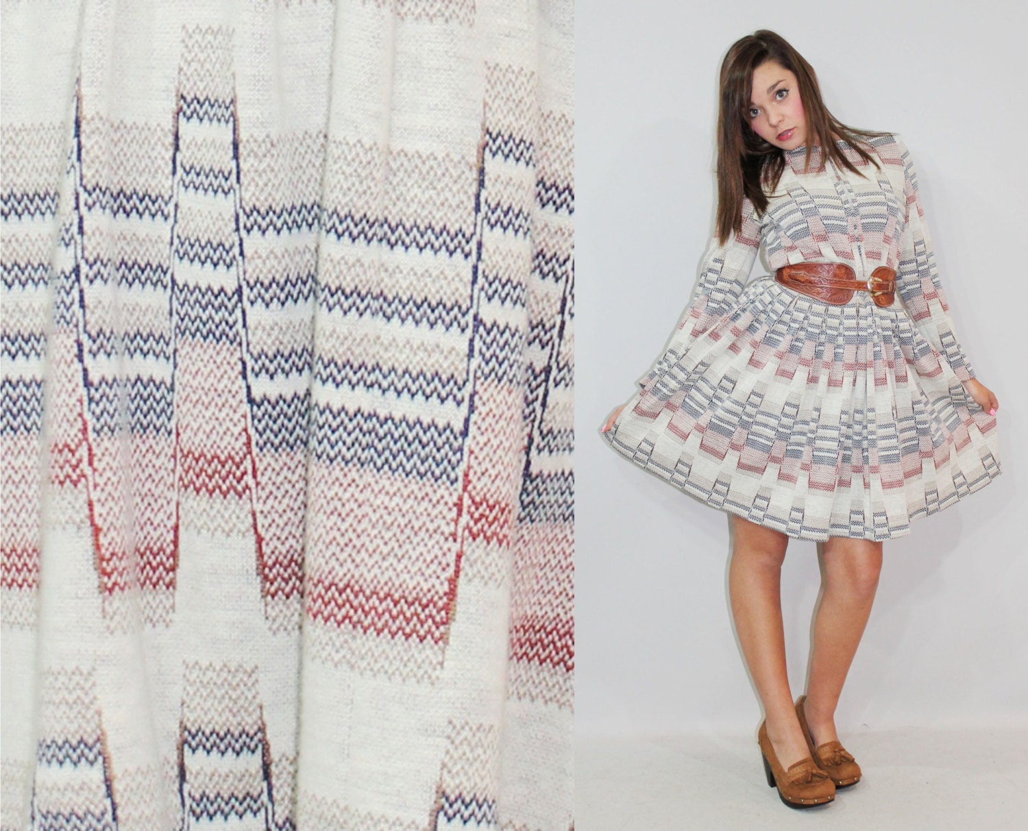 70s Mini Dress Wool Knit Southwestern Design Print Hippie Boho Full Skirt Long Sleeve Medium M Large L
