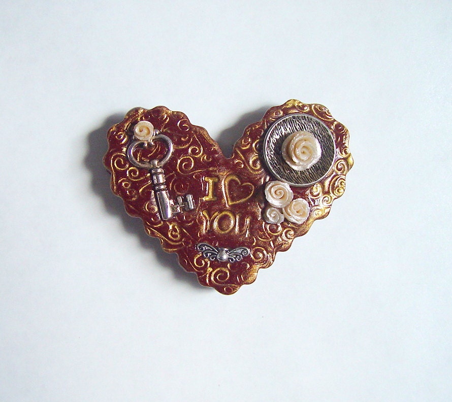 Vintage Style (I Love You) Heart Magnet, Unique Token of Love Gift, Antiqued Heart