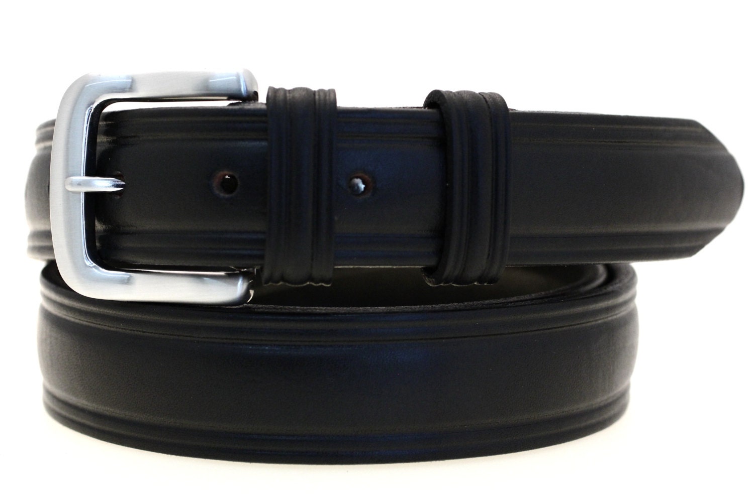 American Made Men's Domed 1 1/4" Black Bridle Leather Belt Double Loops Brushed Nickel Buckle