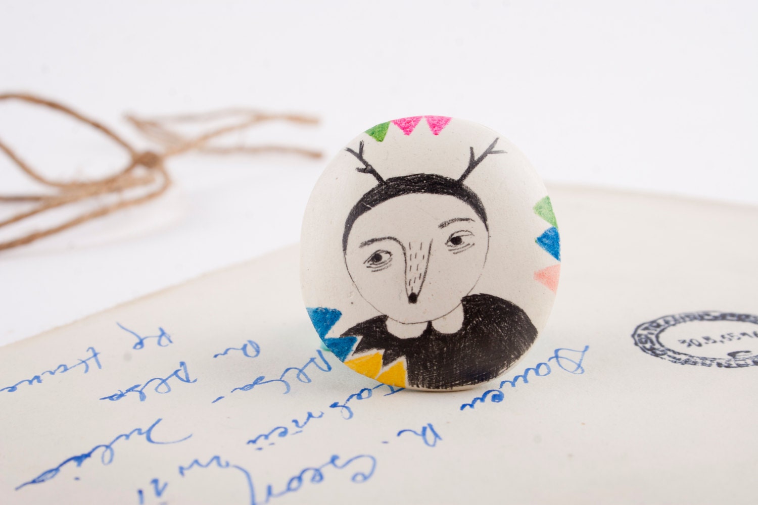 Animal Clay Brooch / Antlers Drawing Pin / Trangles and Deer Brooch- FREE SHIPPING
