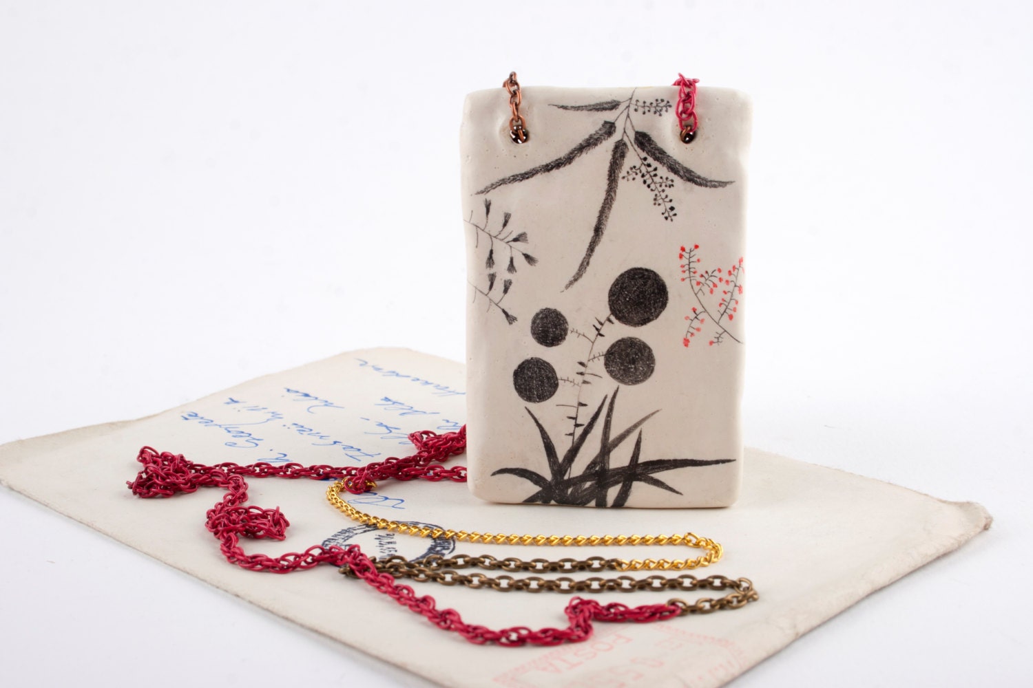 Flowers Pendant / Plants Drawing Pendant / Clay Pendant - FREE SHIPPING