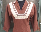 Vintage 1950's Brown Cotton Crepe Squaw or Patio Blouse w/Gold Rick Rack  by Faye Creations