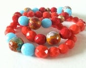 Red and Coral Stretch Bracelets.  Set of 3.  Czech Glass Beads.