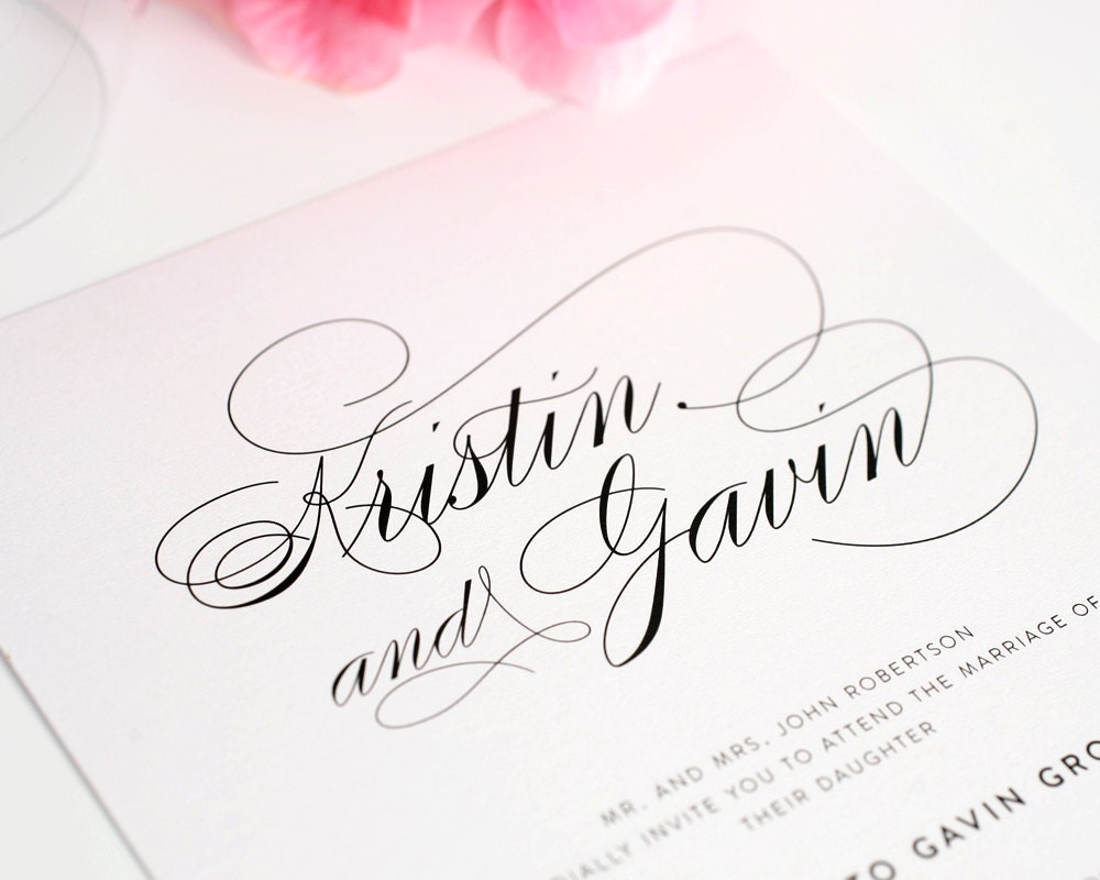 Simple, Elegant Script Wedding Invitation - White, Black, Classic - Elegance Script - Sample Set