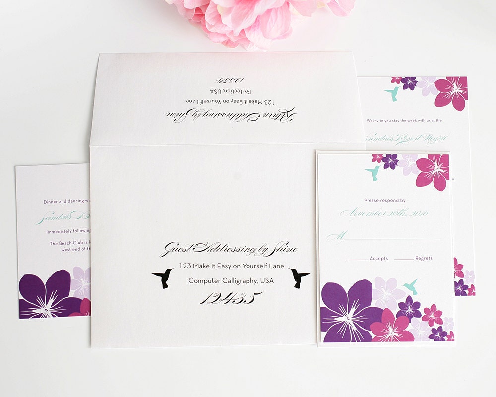 Destination Wedding Invitations - Pink, Purple, Tropical, Hummingbird, Summer Caribbean Beach Wedding - Deposit to Get Started