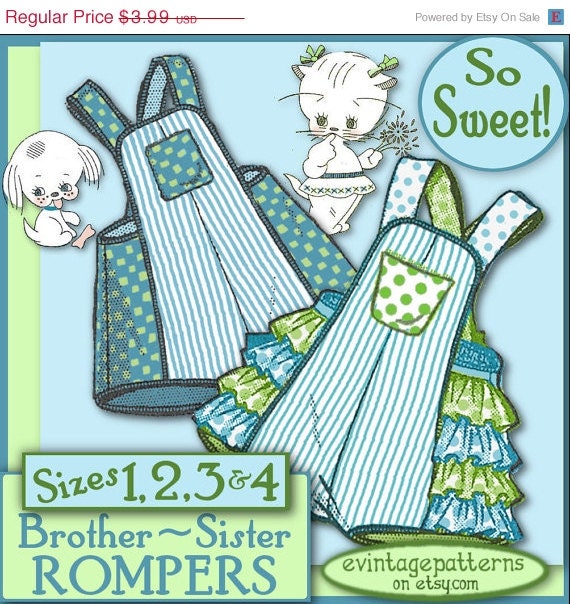 sale RUFFLED Kitty ROMPER & matching Brother Puppy Sunsuit VINTAGE 1940 epattern pdf