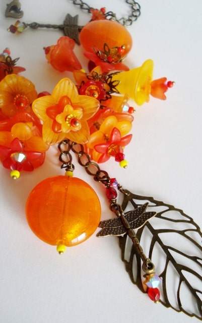 Sale, Tangerine Tango Flower Necklace, TANGO in the GARDEN, Statement Necklace, Wedding, Bridal, Bridesmaid Necklace