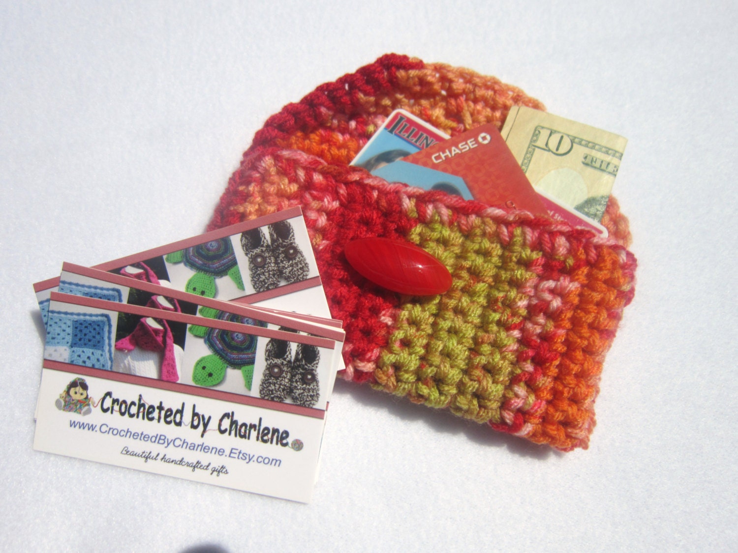 Crocheted Purse Pouch Business Card Holder Red and Orange