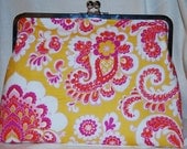 Mustard Yellow and Hot Pinks Paisley Print Clutch Crossbody Handbag with Striped Lining