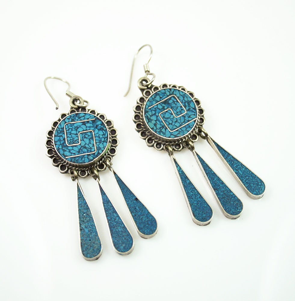 Vintage Mexican Sterling 925 Crushed Turquoise Chandelier Earrings