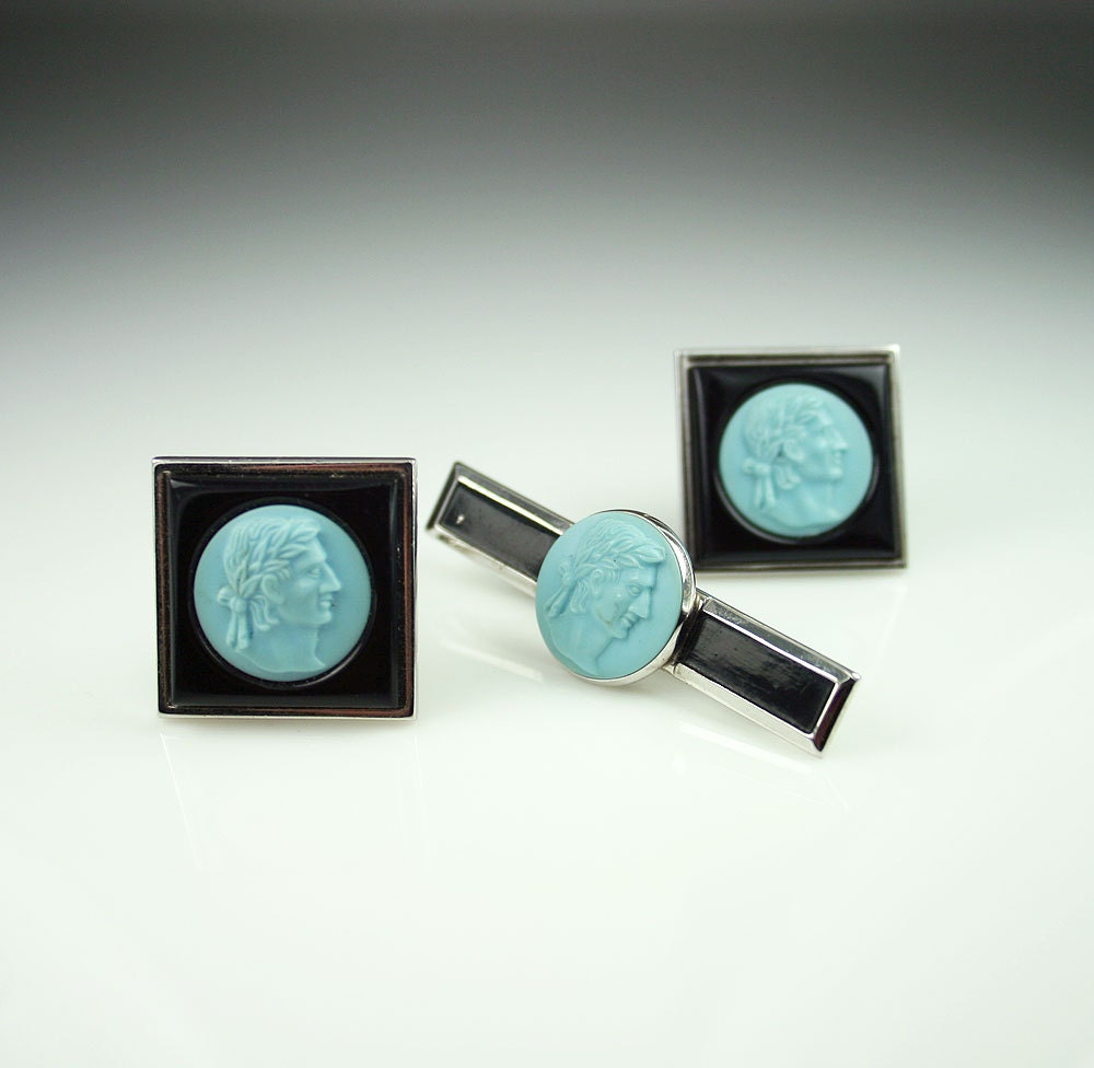 Vintage Swank Roman Man Cameo Cufflink Tie Clip Set