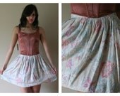 80s Flutter Skirt Floral Mini Full Skirt Pastel Flowers Beige Ice Blue Pink Summer Size Small-Medium sm med md (0-2-4-6)