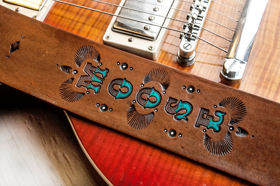 Custom Leather Guitar Strap - Adjustable - Personalized with text, stain color, decorations and accent colors, Acoustic or Electric