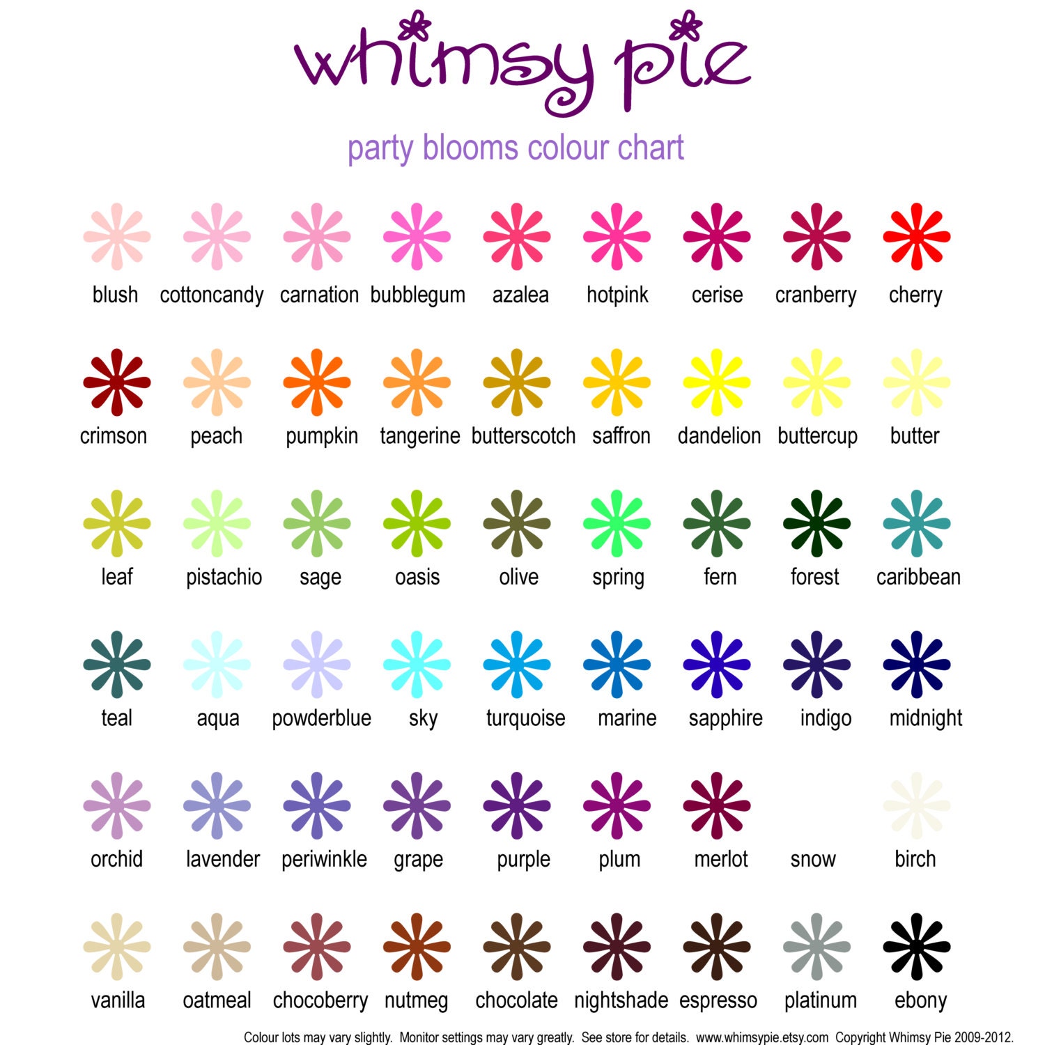 Whimsy Pie Party Blooms - colour chart