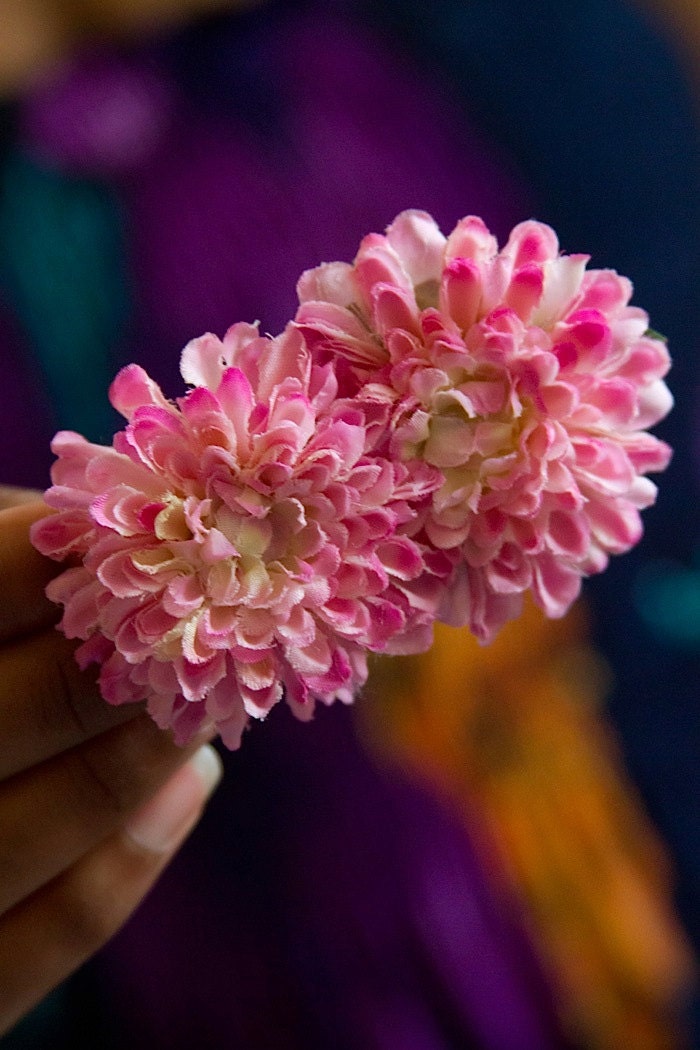 Double Pink Pom Pom Hair Flower