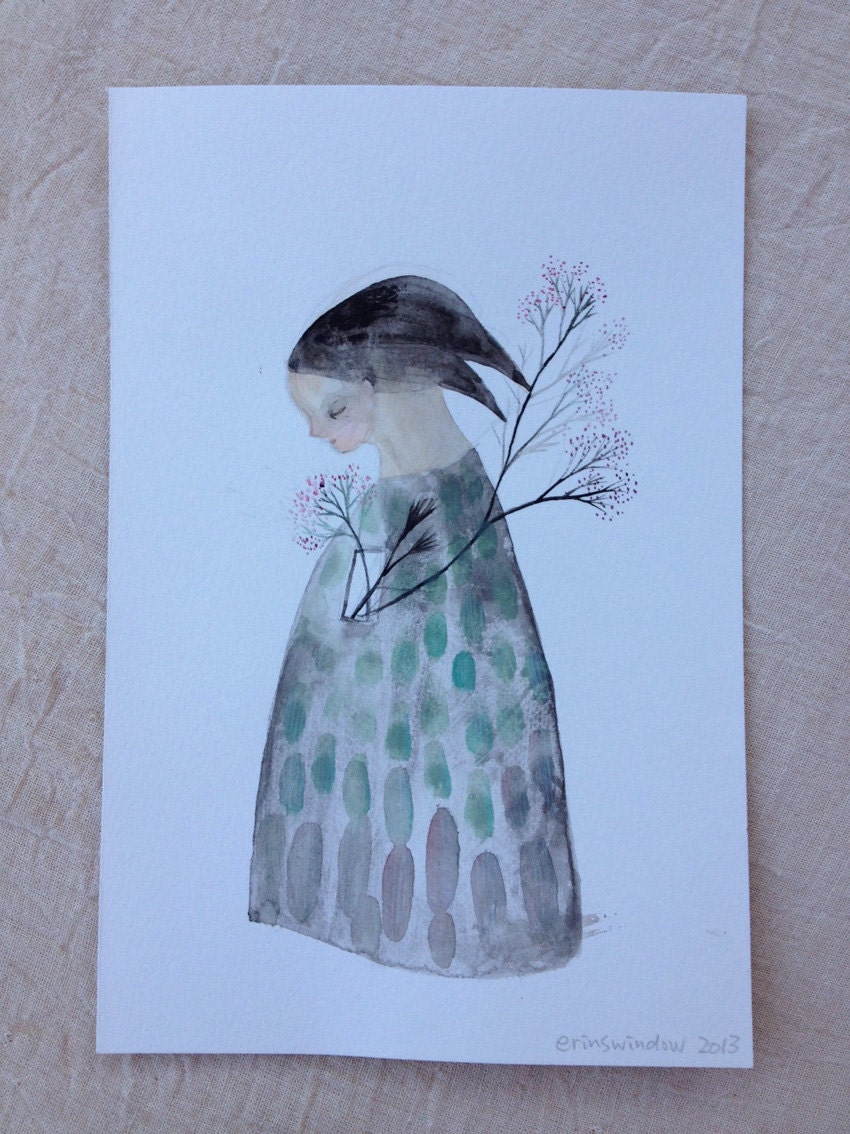 RESERVED : Vase person with red flowers - original water colour illustration