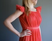 vintage CORAL Pleated Sheer Maxi Lounge Dress Nightgown (s-m)