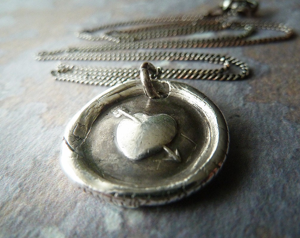 Cupid's Arrow Wax Seal Necklace. Fine Silver Victorian Style Wax Seal Artisan Jewelry. Love Symbol