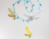 Dragonfly Mobile for Nursery- 3 dragonflies dream of spring - fabric mobile in neon yellow, silver gray and aqua blue