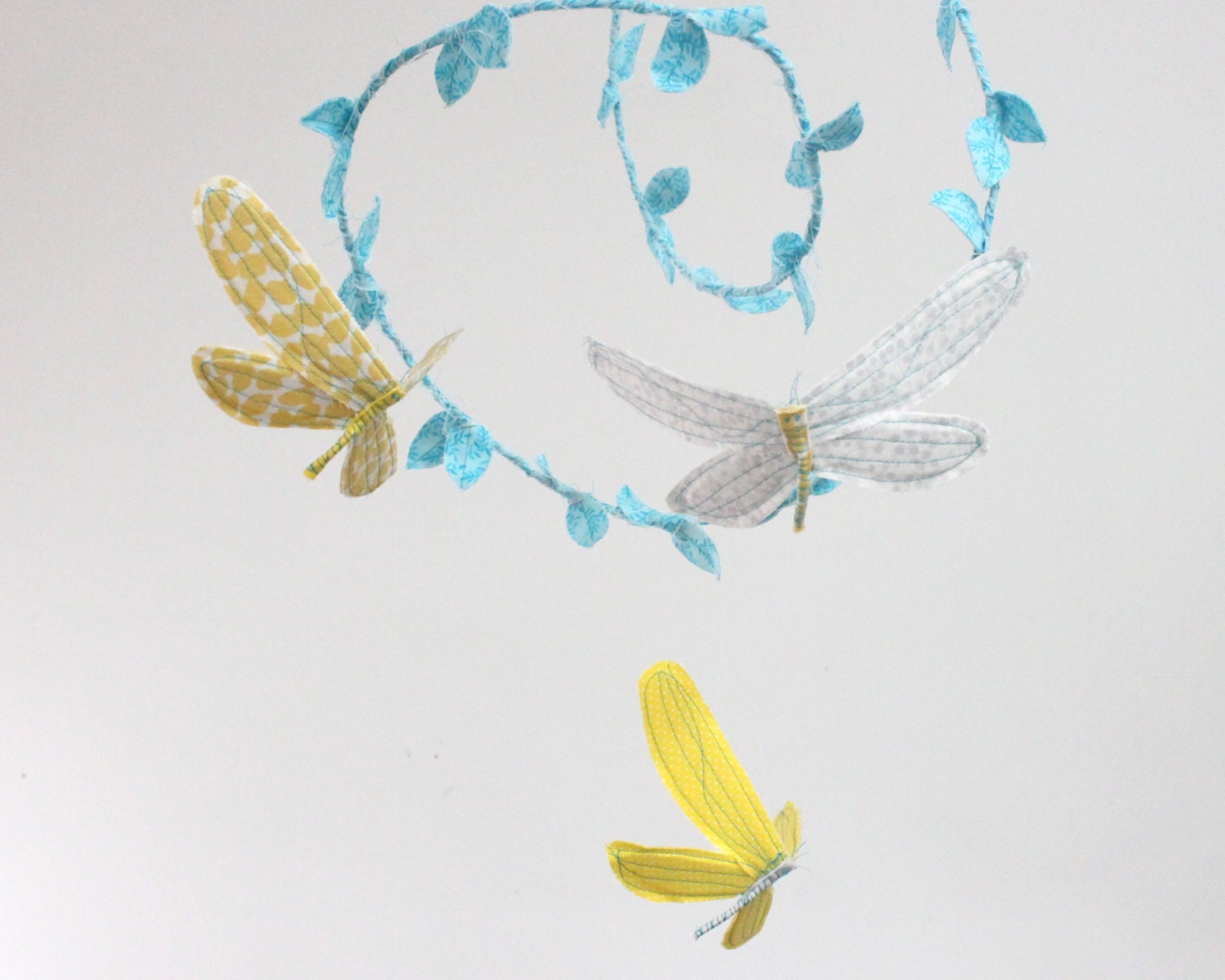 Dragonfly Mobile for Nursery- 3 dragonflies dream of spring - fabric mobile in neon yellow, silver gray and aqua blue