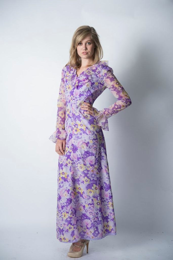 1970s floral chiffon ruffle maxi dress