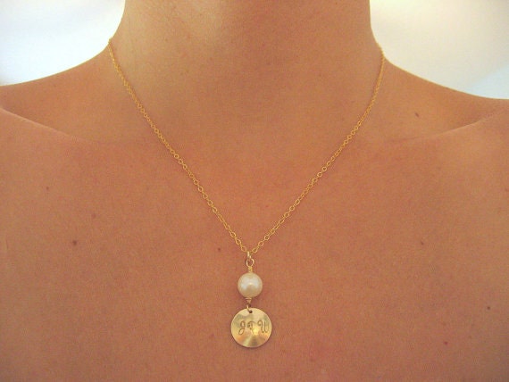 Monogram Necklace, Personalized Jewelry, White Freshwater Pearl with Gold Initial Dangle Necklace, Bridesmaids Gifts