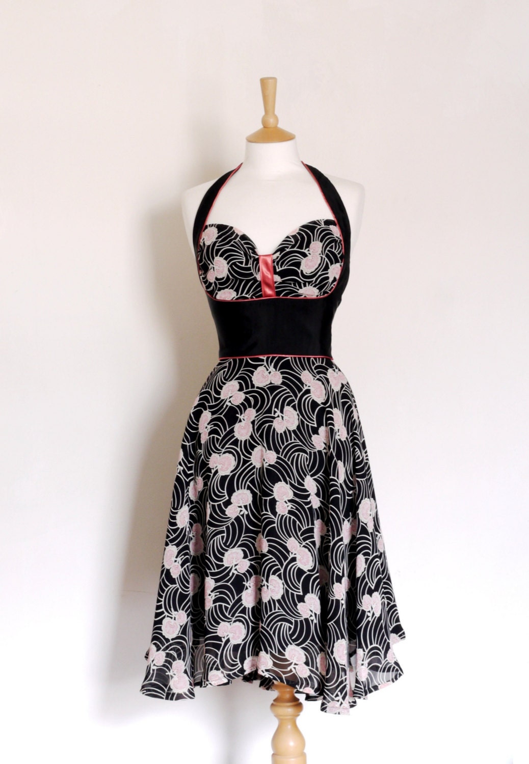 Black and Rose Art Nouveau Print Halterneck Bustier Dress - made by Dig For Victory