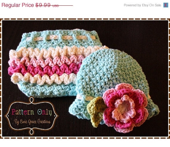 ON SALE Flower Hat and Ruffle Diaper Cover Crochet Pattern SET - Kennedy - 220, 710